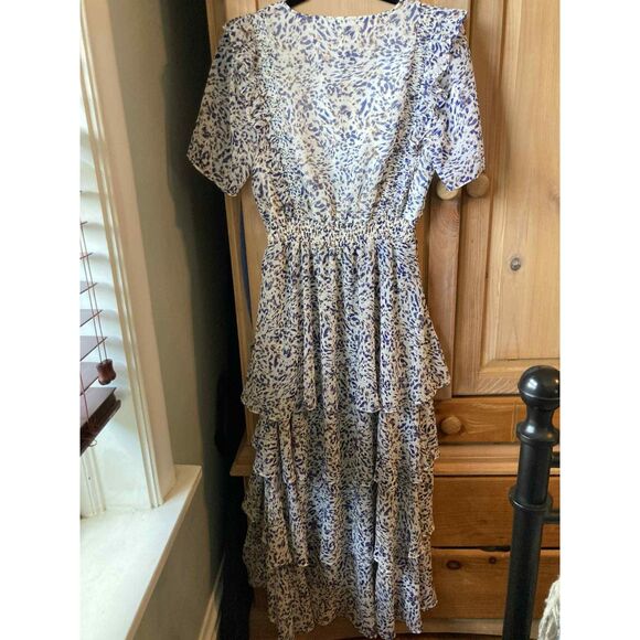 Hale Bob | Elsie Chiffon Tiered Midi Dress Ivory/Lilac Print | Small - Picture 8 of 8